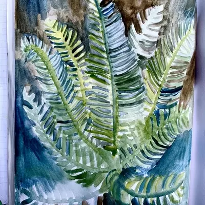 a watercolour painting of a fern in the forest. The fern is painted in shades of green, brown and blue, showing the colours bleeding into each other and the texture of the paint